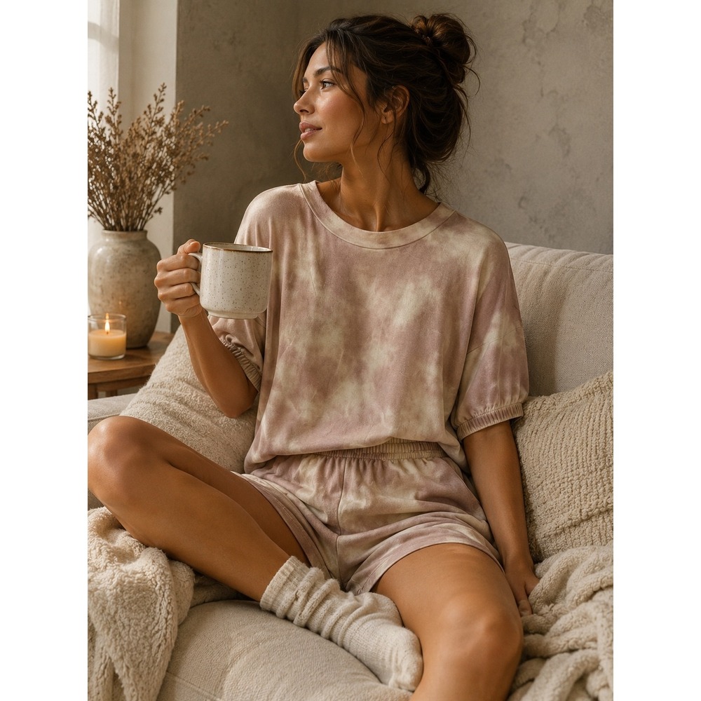 Express Womens Tie Dye Lounge Set Mauve Pink Short Sleeve Sweatshirt Shorts XL L